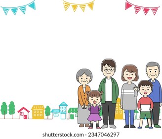 Frame illustration of a three-generation family and a cute cityscape