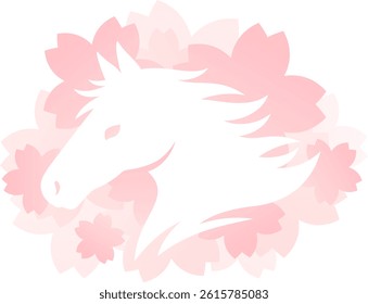 Frame illustration of a white horse's profile silhouette on background of overlapping pink cherry blossoms