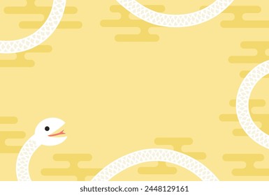 Frame illustration of a white snake on Japanese style golden clouds