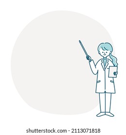 Frame illustration of a woman in a white coat holding a pointing stick