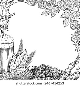 A frame with an image of a mug of beer, grain malt, hops. Ingredients for brewing. An illustration with black and white vector graphic. For label design, packaging, beer production poster, oktoberfest
