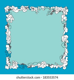 Frame image with place for text in marine oriental style and with border of decorative blue sea wave. Hand drawn vector theme.