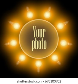 Frame of incandescent lamps in the form of a circle. A make-up mirror. Bright light.