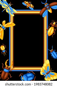 Frame with insects. Stylized butterflies, beetles and dragonflies.