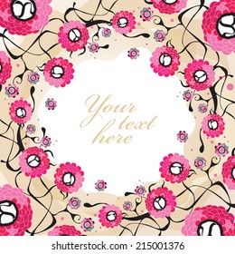 Frame of interwoven abstract pink flowers on beige background