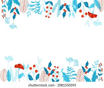 Frame invitation Merry Christmas and New Year. Winter festive template xmas empty background. Modern branch mistletoe holly, berry, pinevintage greeting card. Festive poster or banner, ticket, leaflet