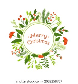 Frame invitation Merry Christmas and New Year. Winter template background xmas congratulations. Branch mistletoe holly, berry, pine winter doodle design. Festive poster or greeting banner, leaflet, ca