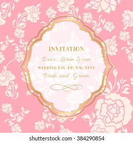 Frame invitation to wedding at the background seamless pattern of roses.Card bridal shower