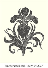 Frame with a iris flower in the style of Art Nouveau. Beautiful irisflower vintage floral composition 1920-1930 years.Vector design.