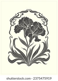 Frame with a iris flower in the style of Art Nouveau. Beautiful irisflower vintage floral composition 1920-1930 years.Vector design.
