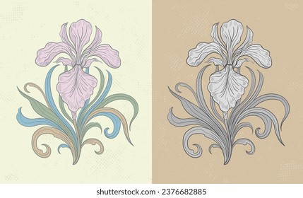 Frame with a iris flower in the style of Art Nouveau. Beautiful iris flower vintage floral composition 1920-1930 years.Vector design.