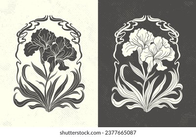 Frame with a iris flower in the style of Art Nouveau. Beautiful iris flower vintage floral composition 1920-1930 years.Vector design.