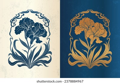 Frame with a iris flower in the style of Art Nouveau. Beautiful iris flower vintage floral composition 1920-1930 years.Vector design.