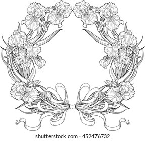 Frame of iris flowers and leaves with ribbons.