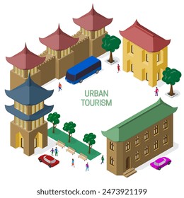 Frame of isometric models of buildings, trees, vehicles and people. Set of objects with empty space for text in the middle.