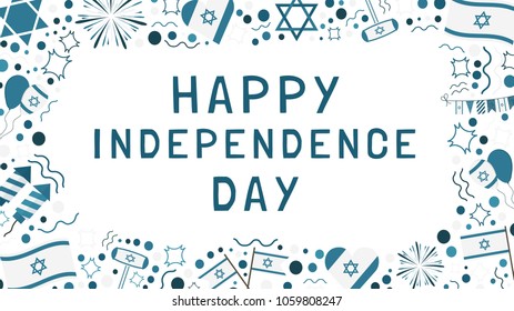 Frame with Israel Independence Day holiday flat design icons with text in english "Happy Independence Day". Template with space for text, isolated on background.