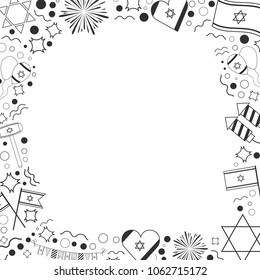 Frame with Israel Independence Day holiday flat design black thin line icons. Template with space for text, isolated on background.