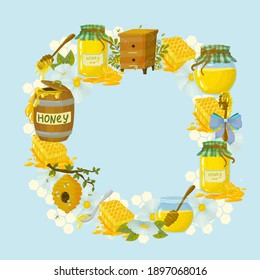 frame from jars with honey and bees around on a background of honeycombs. natural bee honey.
wreath drawn in cartoon style vector illustration isolated on blue background