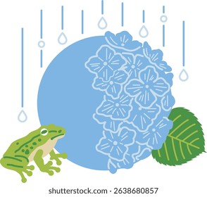 A frame of June flowers, hydrangeas, and frogs in the rainy season