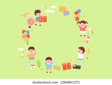 Frame with kids, boxes, and balloons.