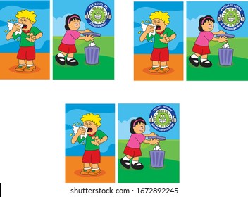 Frame with kids in vector teaching how to throw paper in the trash if it gets cold. A seal to protect yourself from coronavirus in English, Portuguese and Italian