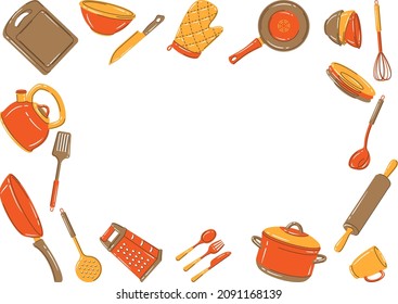 Frame with kitchen utensils. Cooking tools for home and restaurant.