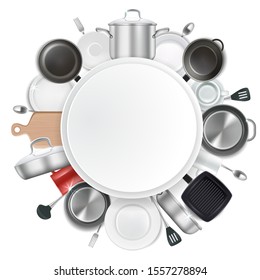 Frame with kitchen utensils and dishes, realistic vector illustration. Kitchenware card template with copy space. Cookware and kitchen tools.