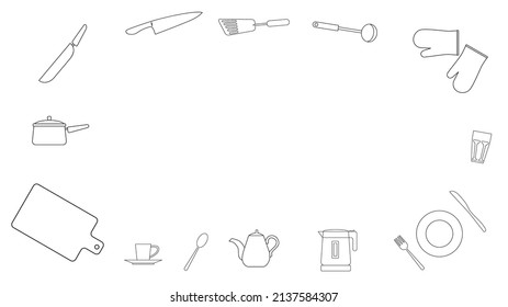 Frame of kitchen utensils in horizontal arrangement.Line drawing vector illustration.