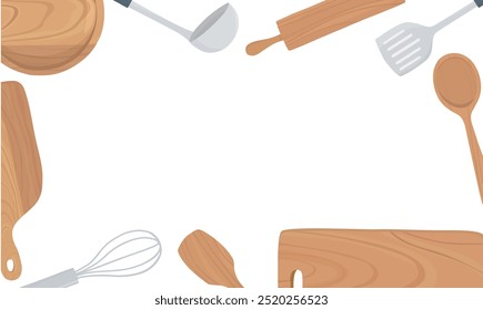 Frame of kitchen utensils. Ladle, whisk, spatula, rolling pin, wooden spoon, cutting board. Hand drawn illustration vector. Copy space.