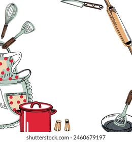 Frame with kitchen utensils: a red saucepan, a frying pan, a polka dot apron, a whisk, a knife, a salt shaker, a pepper mill, a cooking spatula. Vector illustration. For kitchen, stove, design.