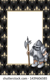 Frame with the knight with lance on the medieval fleur de lis royal lily background. Education diploma or birthday card template