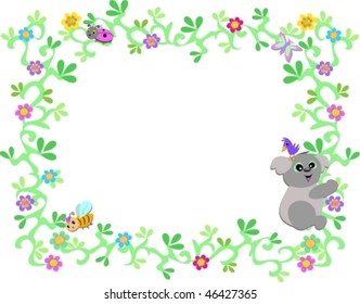 Frame of Koala Bear with Vines and Bug Friends Vector