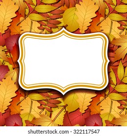 Frame labels on background with red and yellow autumn leaves. vector illustration. Vector illustration