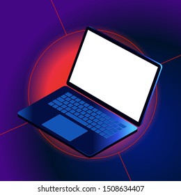 Pantalla en blanco de la laptop de marco. Plantilla para diseño de interfaz de usuario de infografía o presentación.  Ilustración vectorial isométrica 3D.