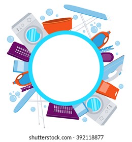 Frame laundry. Washing machine and laundry detergent. Vector illustration
