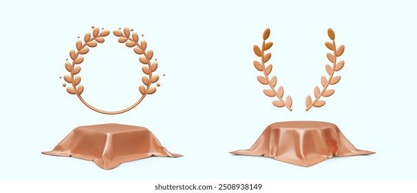 Frame of laurel branches, wreath, round and square pedestal covered with silk fabric