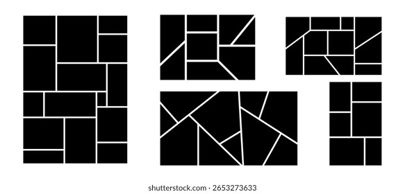 Frame layout for photo and brand grid with card illustration in black. This mosaic template works for moodboard or collage picture in a minimal design.