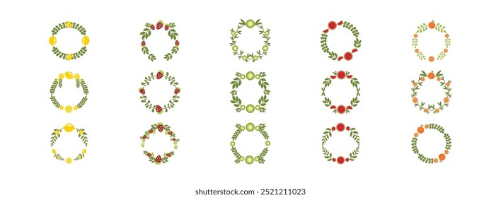 Fruta de folha de moldura com conjunto de ilustração plana de verão. Ilustração de arte vetorial isolada.