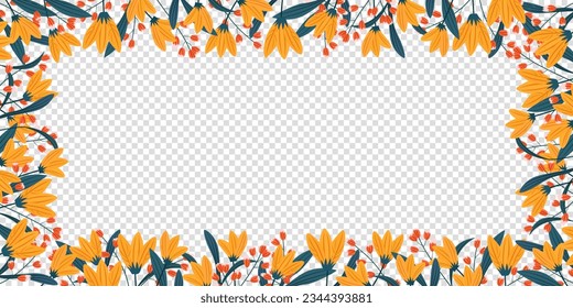 frame of leaf and yellow, orange flower for celebration card banner template background. abstract and floral design in doodle style. gift spring and summer