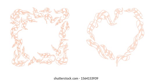  Frame with leafs, text template. Decor element for your design and other. Ornate floral boho frame and card. Vector image, clipart, editable details. Two leaf frames.
