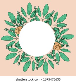 Frame with leaves, branches and seashells. Place for text. The theme of plants. Vector floral image
