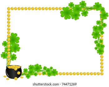 Frame from the leaves of the clover with a pot full of coins