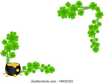 Frame from the leaves of the clover with a pot full of gold coins and a frame of branches