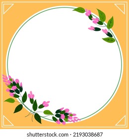 Frame With Leaves And Flowers Around And Important Announcements Inside. Framework With Different Plants All Over And Crutial Informations In. Floral Circle With Recent Ideas.