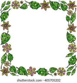 Frame of leaves and flowers on white background
