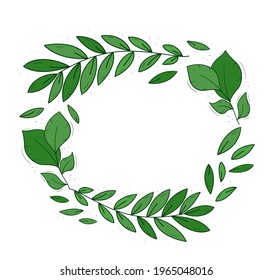 A frame of leaves laid out in a circle. Colored doodle objects on a white.