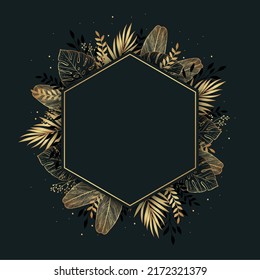 Frame with leaves, monstera and text. Design frame with tropical leaves and text on dark background in vector illustration.