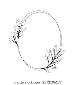 Frame with leaves. Oval decorative element and divider. Victorian era vignette. Geometric figure with branches. Graphic element for website. Flat vector illustration isolated on white background