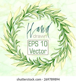 Frame of leaves and petals. Warm colors, green and yellow petals on watercolor background.
