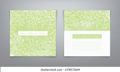 Frame with leaves. Set vector green watercolor templates. Vector green backgrounds. Green watercolor design for flyer, brochure, gift card, invitation card